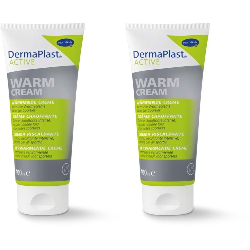 Zwei Tuben Dermaplast Active Warm Cream. Weiße Tuben mit grünen und grauen Akzenten. Text: Warm Cream, verschiedene Sprachen.