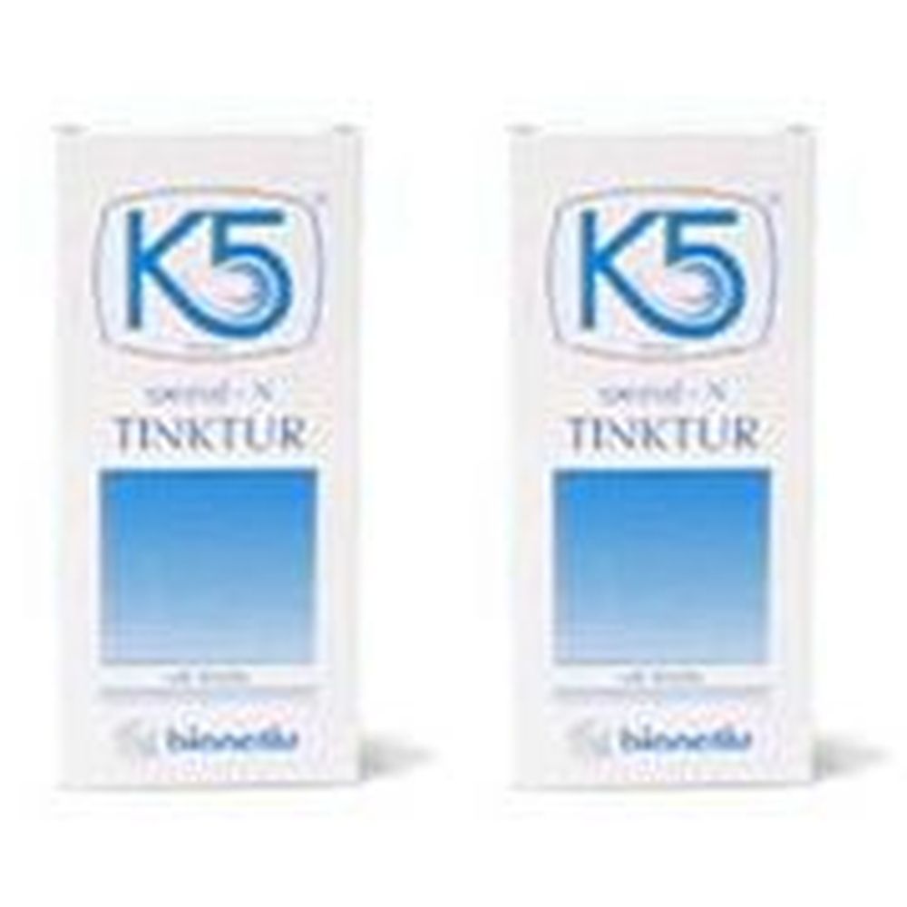 Zwei weiße Schachteln mit blauem Rechteck und K5-Logo. Schriftzug: Spezial N Tinktur. Marke: binella.