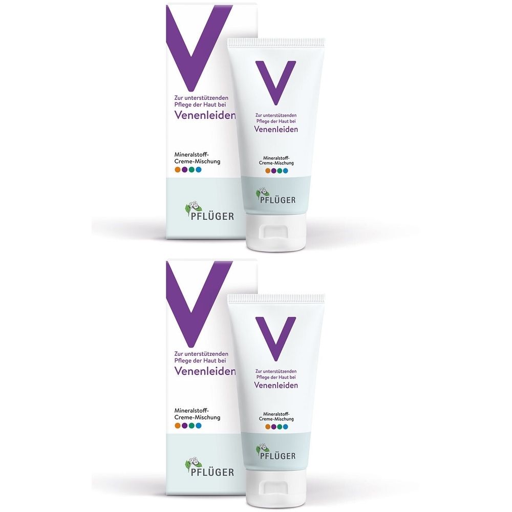 Zwei Tuben und Schachteln. Aufschrift: "Venenleiden". Marke: Pflüger. Farbige Punkte. Weiß, lila und grün. Creme-Mischung.