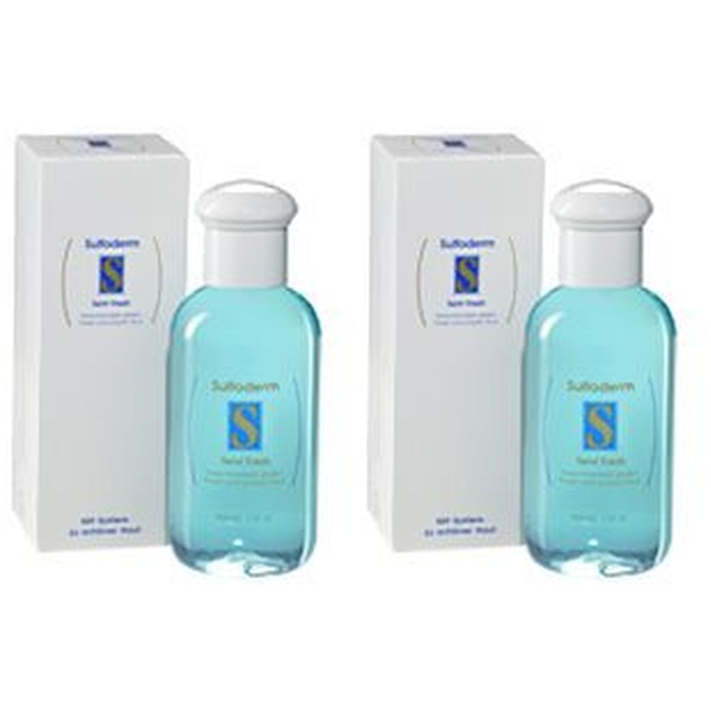 Zwei Flaschen mit hellblauer Flüssigkeit und weißen Deckeln, neben weißen Kartons. Auf den Flaschen und Kartons ist das Logo und der Name Sulfoderm® S Teint Fresh zu sehen.