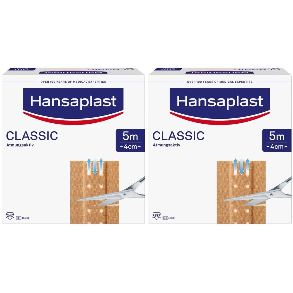 Zwei Packungen Hansaplast Classic Pflaster. Weiße Verpackung mit blauem Logo und Produktbezeichnung. 5m x 4cm. Atmungsaktiv.