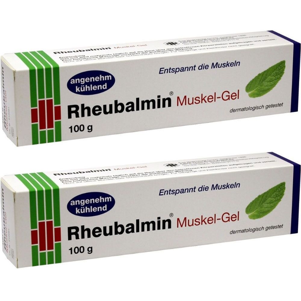 Zwei weiße Schachteln mit Rheubalmin Muskel-Gel. Aufschrift: angenehm kühlend, 100 g, dermatologisch getestet. Grün-rote Streifen.