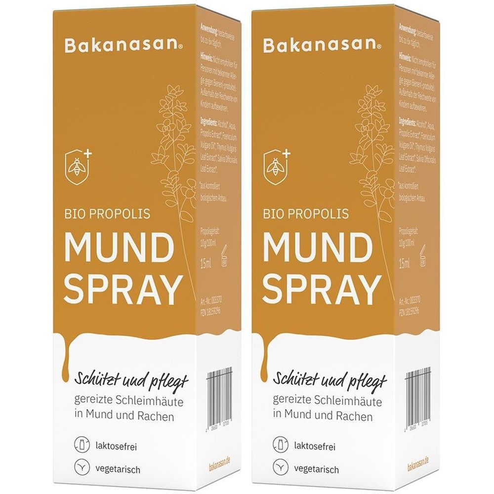 Zwei rechteckige Verpackungen von Bakanasan Bio Propolis Mundspray. Aufschrift: BIO PROPOLIS MUND SPRAY. Schützt und pflegt gereizte Schleimhäute.