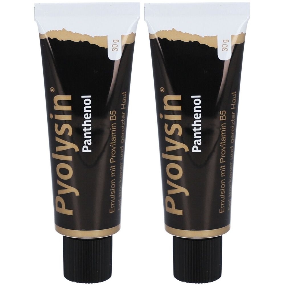Zwei Tuben Pyolysin Panthenol. Schwarze Tuben mit weißem Deckel. Aufschrift: Pyolysin, Panthenol, Emulsion mit Provitamin B5.