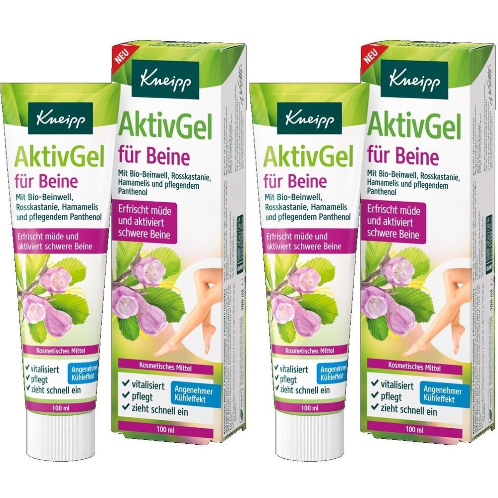 Mehrere Tuben und Verpackungen von Kneipp AktivGel für Beine. Aufschrift: Erfrischt müde und aktiviert schwere Beine.
