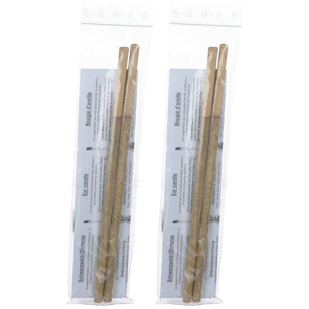 Zwei Packungen Ohrkerzen in transparenten Beuteln. Jede Packung enthält zwei Kerzen und eine Anleitung.