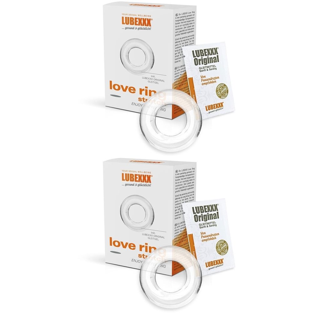 Zwei transparente Ringe mit Verpackung. Auf der Verpackung steht LUBEXXX und love ring. Ein Beipackzettel mit LUBEXXX Original.
