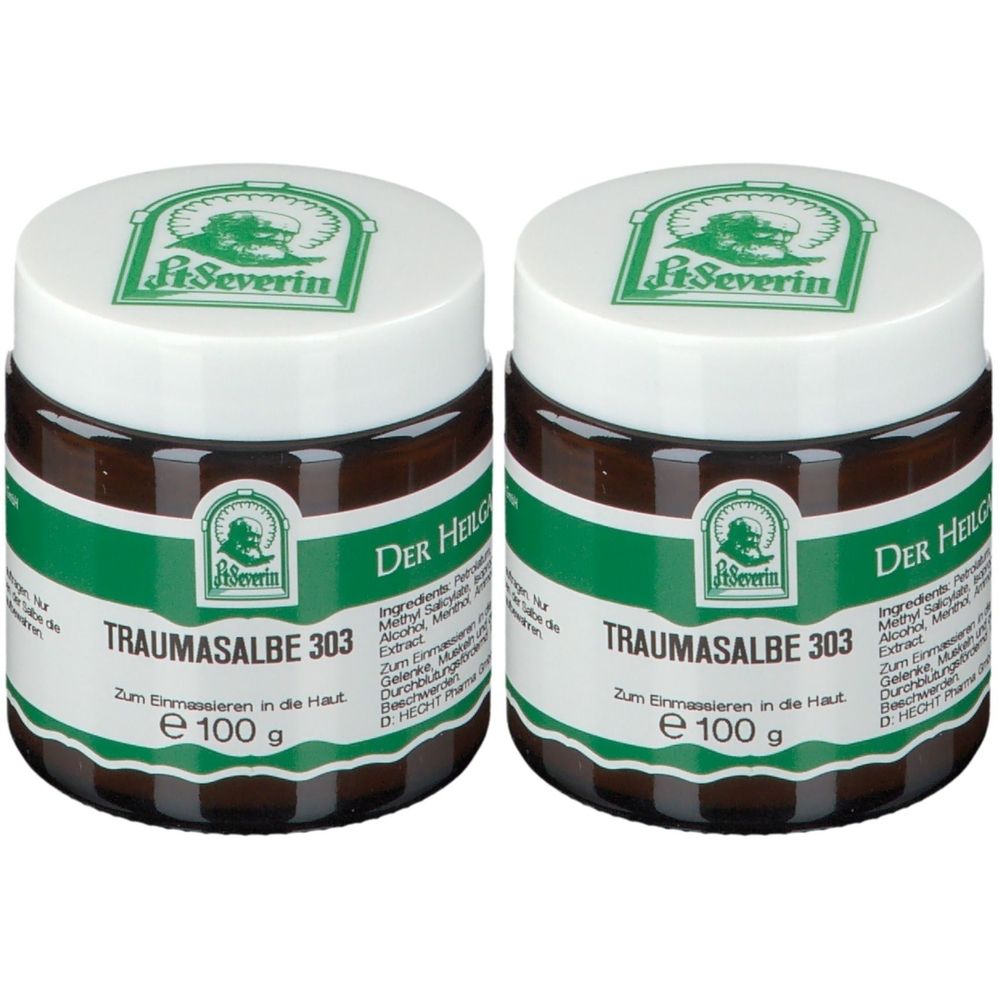 Zwei braune Tiegel mit weißem Deckel. Aufschrift: TRAUMASALBE 303. Logo: St. Severin. Text: Zum Einmassieren in die Haut.