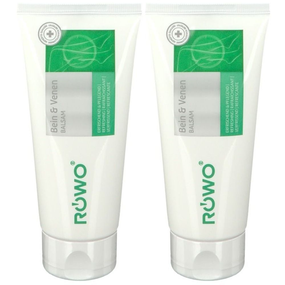 Zwei Tuben Bein- und Venenbalsam. Weiße Tuben mit grünem Etikett. Aufschrift: Bein & Venen Balsam. Marke: RÖWO.