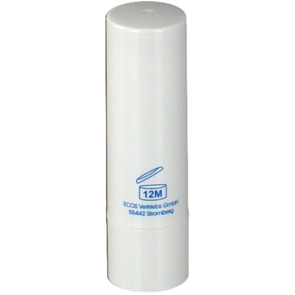Weißer Teint Stick. Aufdruck: 12M und Logo. Herstelleradresse.