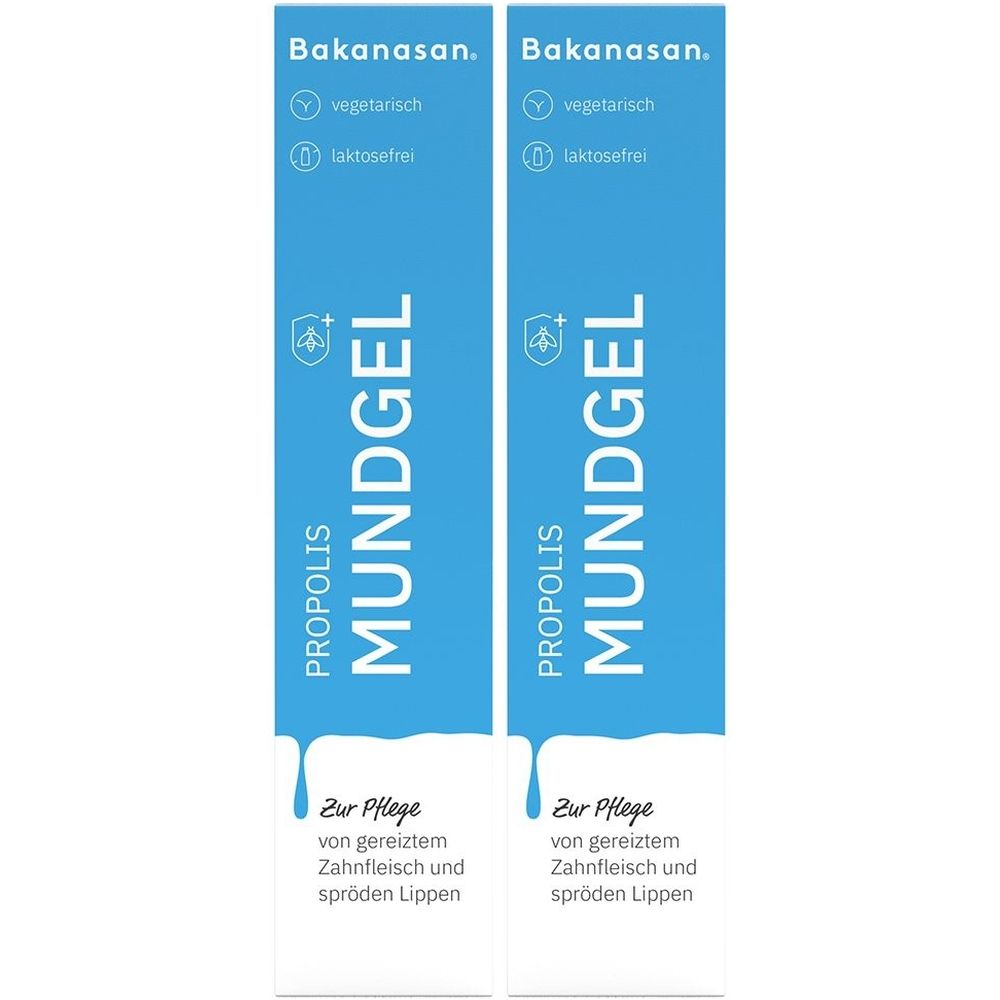 Zwei Tuben Bakanasan Propolis Mundgel. Blaue Verpackung mit weißer Schrift. Enthält Informationen zu Inhaltsstoffen und Pflege.