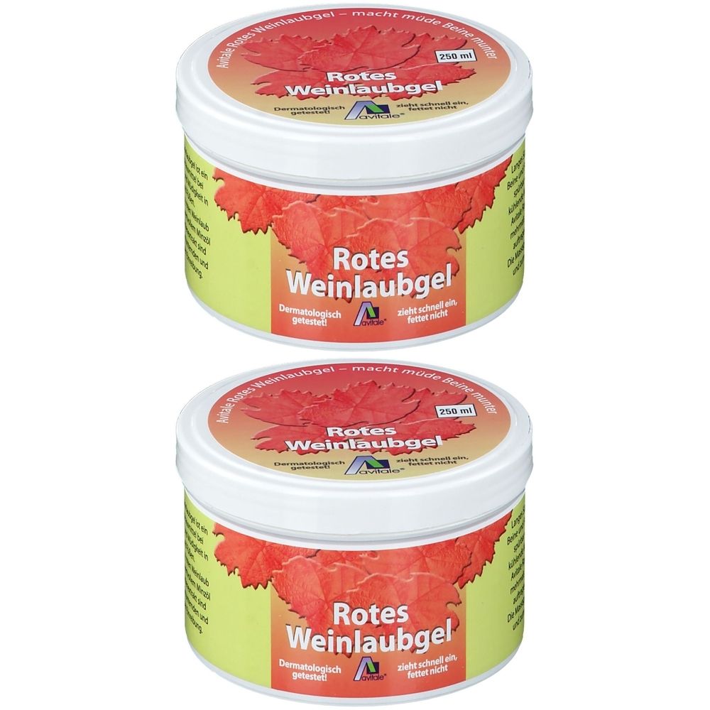 Zwei weiße Tiegel mit rotem Weinlaubgel-Etikett. Aufschrift: Rotes Weinlaubgel, 250 ml.