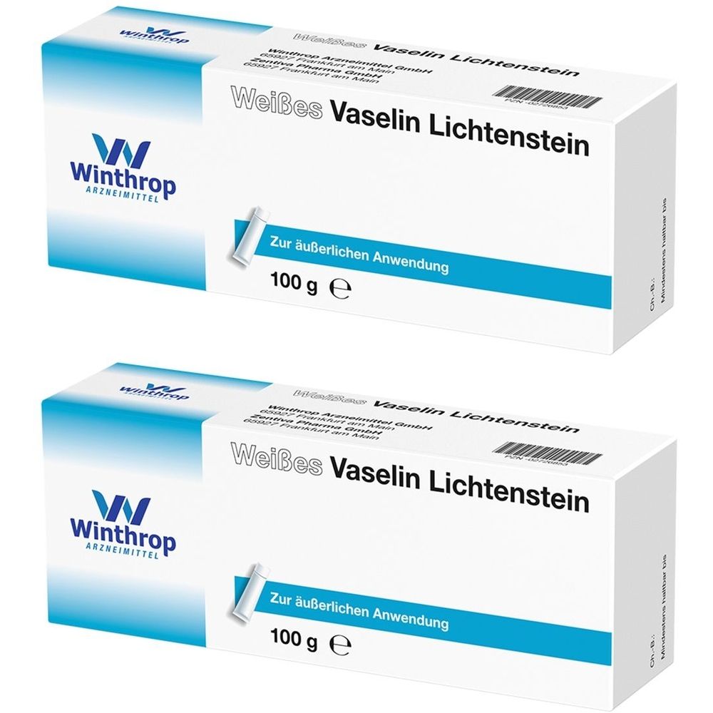 Zwei weiße Schachteln mit blauem Akzent. Aufschrift: Weißes Vaselin Lichtenstein, Winthrop. Text: Zur äußerlichen Anwendung, 100 g e.