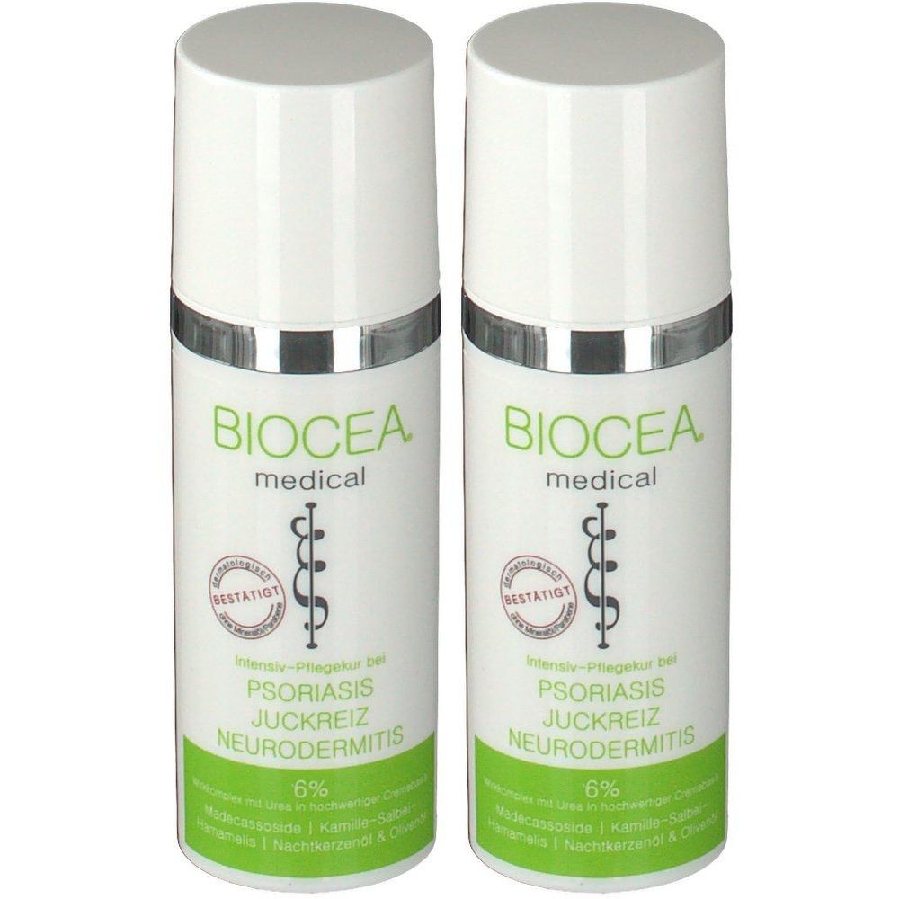 Zwei weiße Flaschen mit silbernen Rändern. Aufschrift: BIOCEA medical, PSORIASIS JUCKREIZ NEURODERMITIS. Grün-weiße Etiketten.