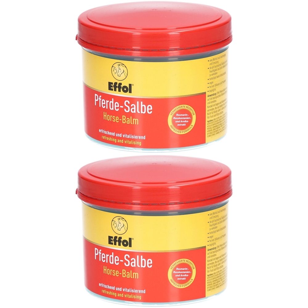 Zwei Dosen mit rotem Deckel und gelb-rotem Etikett. Aufschrift: Effol Pferde-Salbe, Horse-Balm. Mit Siegel.