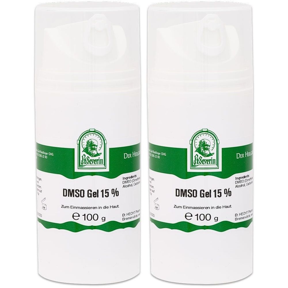 Zwei weiße Flaschen mit grünem Etikett. Aufschrift: DMSO Gel 15 %. Marke: St Severin. Inhalt: 100 g.