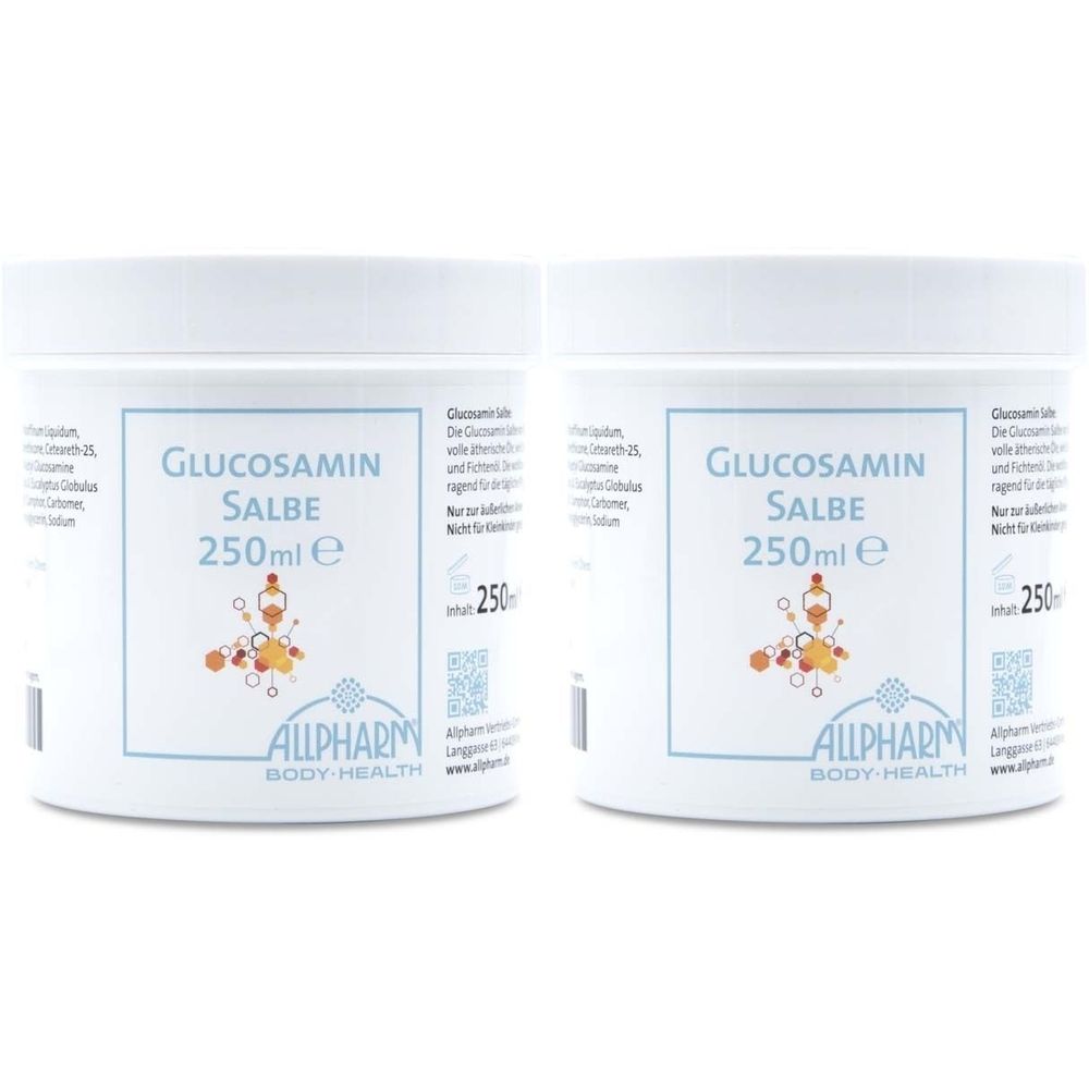 Zwei weiße Tiegel mit Aufschrift Glucosamin Salbe, 250ml. Aufdruck ALLPHARM BODY-HEALTH. Aufkleber mit Inhaltsangaben.