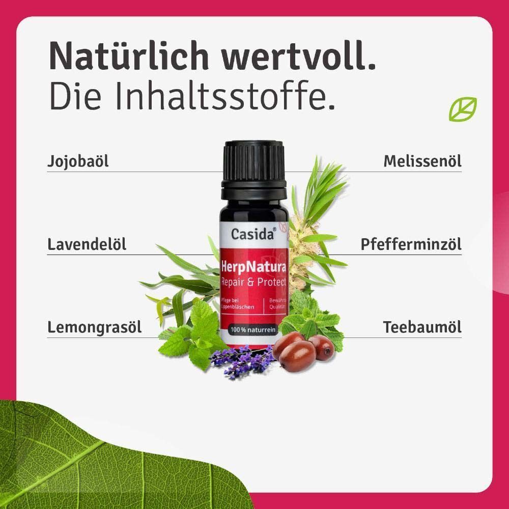 Flasche HerpNatura Repair & Protect umgeben von Jojobaöl, Lavendelöl, Lemongrasöl, Melissenöl, Pfefferminzöl, Teebaumöl.