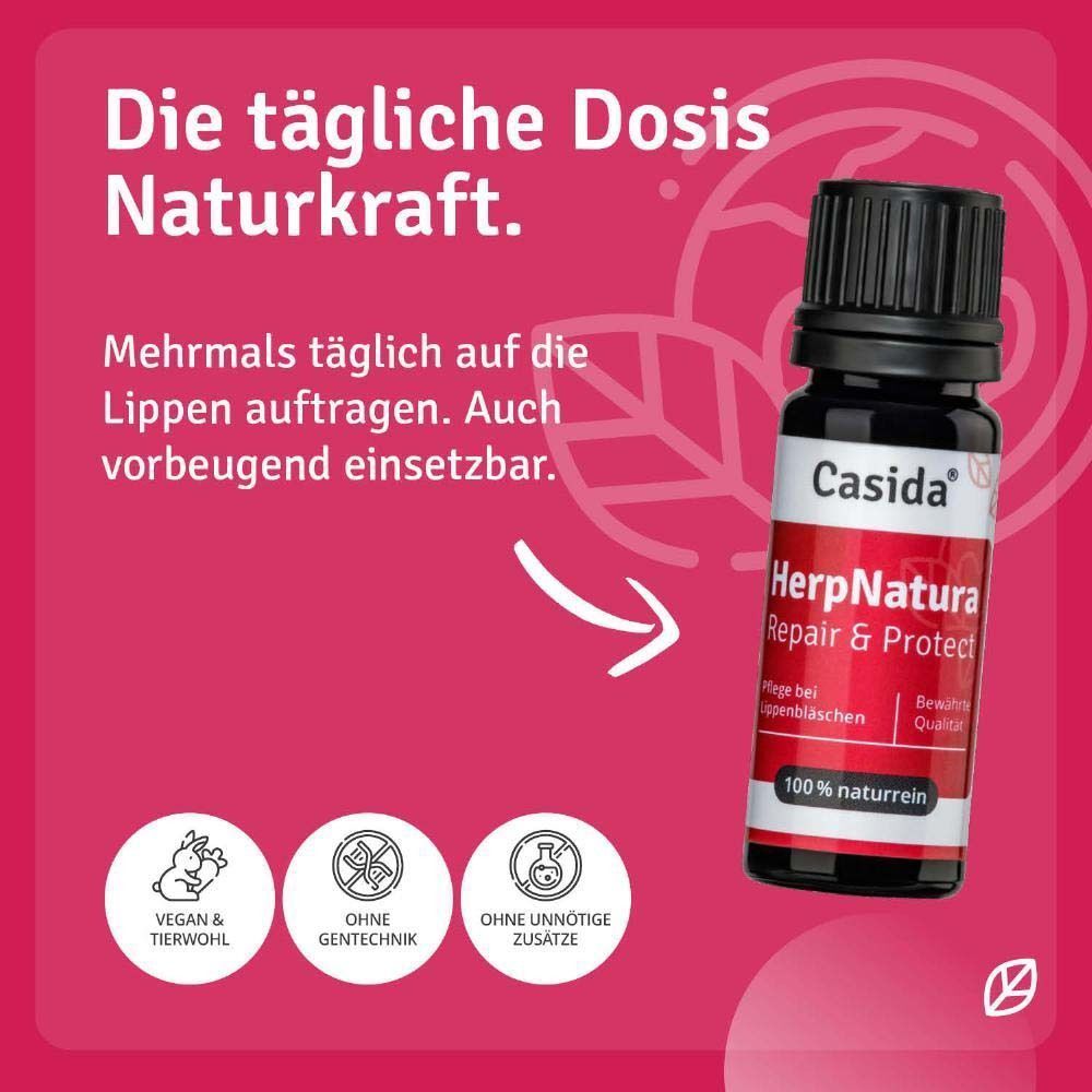Flasche HerpNatura Repair & Protect mit Siegeln für "Vegan & Tierwohl", "Ohne Gentechnik", "Ohne Zusätze".