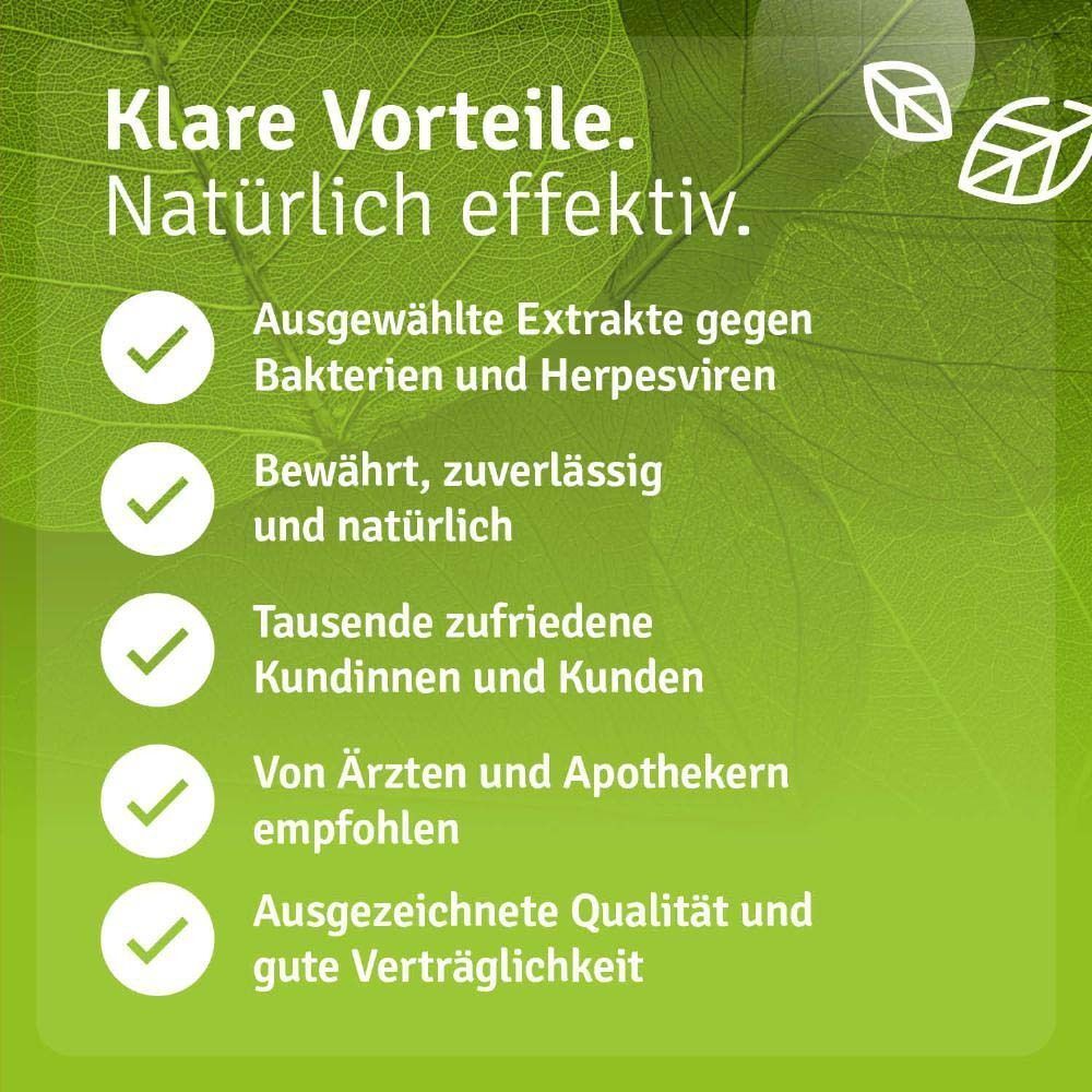 Liste von Vorteilen für HerpNatura Repair & Protect: Extrakte gegen Bakterien/Herpesviren, bewährt, zuverlässig, natürlich.