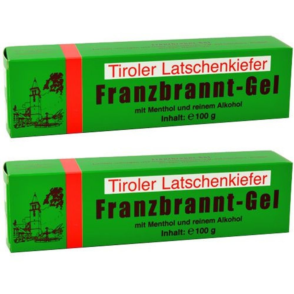 Zwei grüne Schachteln mit rotem Streifen. Aufschrift: Tiroler Latschenkiefer Franzbrannt-Gel. Text: mit Menthol und reinem Alkohol.