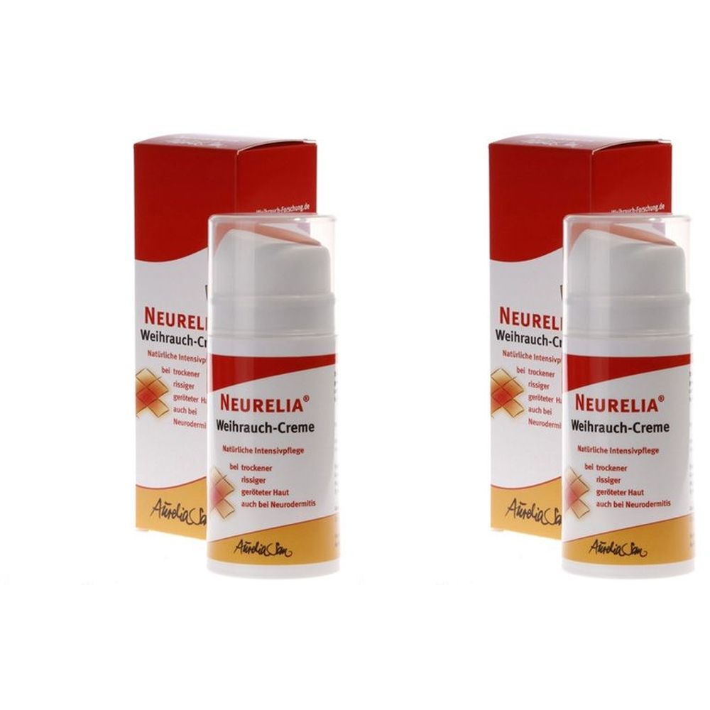 Zwei Flaschen Neurelia Weihrauch-Creme mit roten Verpackungen. Aufschrift: Neurelia Weihrauch-Creme. Medizinische Intensivpflege.