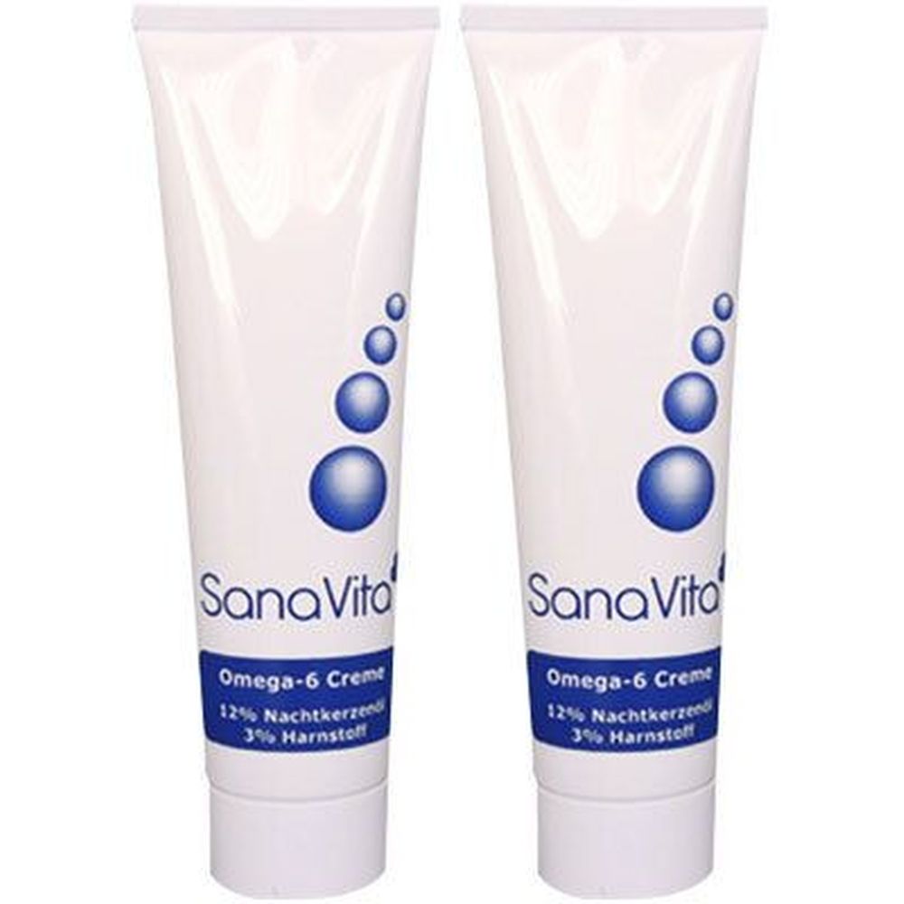 Zwei weiße Tuben mit blauer Beschriftung. Aufschrift: Sana Vita Omega-6 Creme, 12% Nachtkerzenöl, 3% Harnstoff.