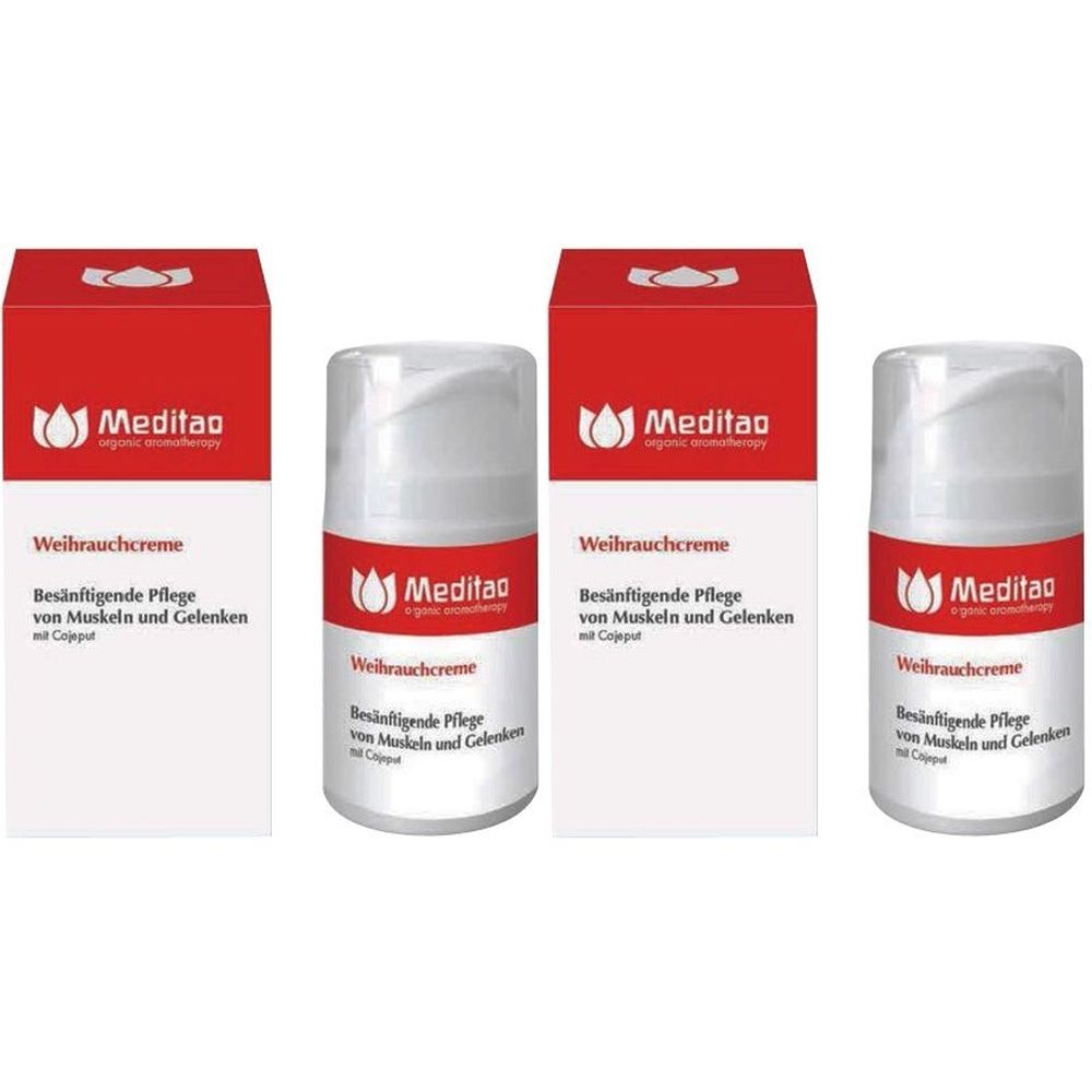 Drei Cremes mit roter und weißer Verpackung. Aufschrift: Meditao, Weihrauchcreme, Besänftigende Pflege von Muskeln und Gelenken.
