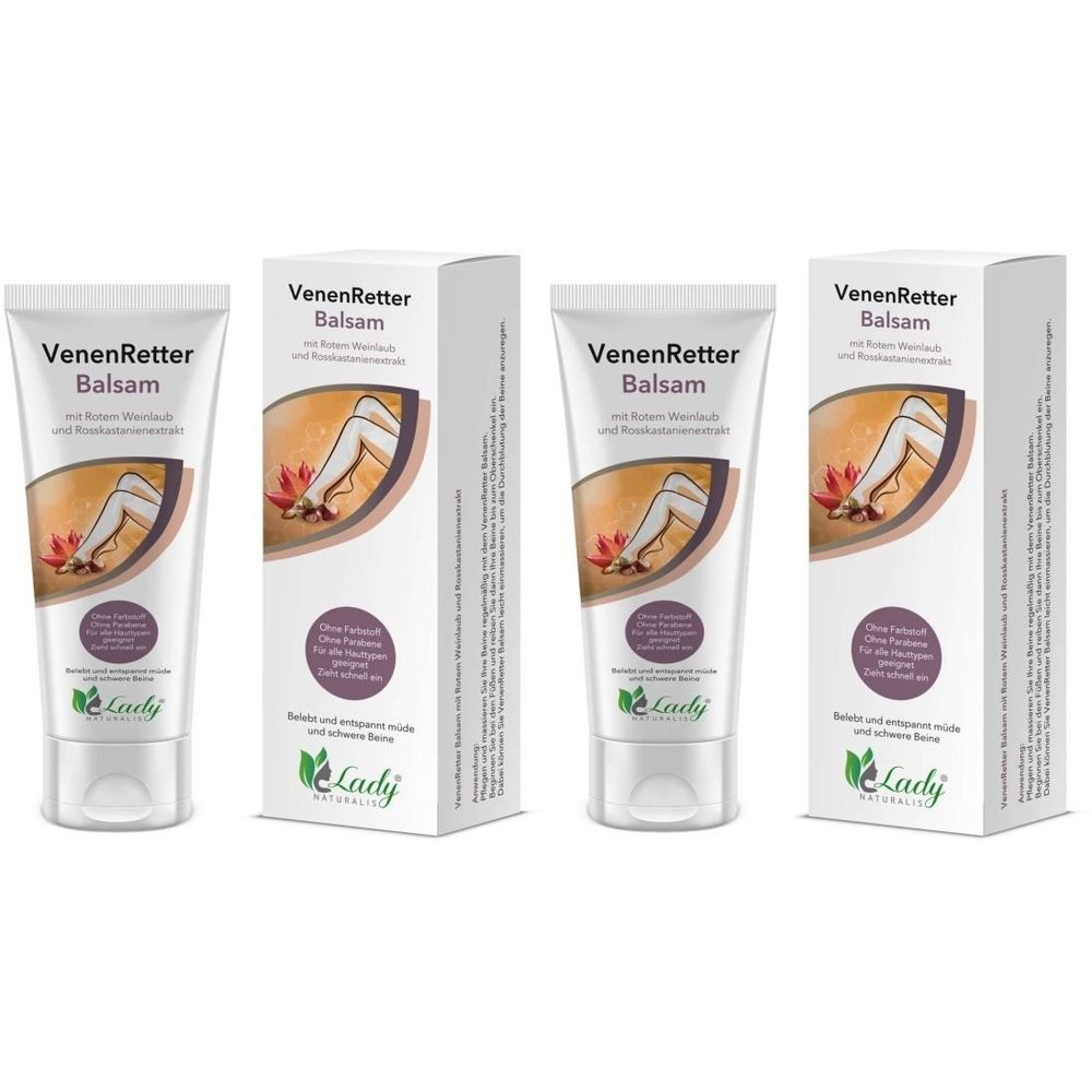 Zwei Tuben und zwei Kartons. Aufschrift: VenenRetter Balsam. Illustration von Beinen. Logo: Lady Naturals.