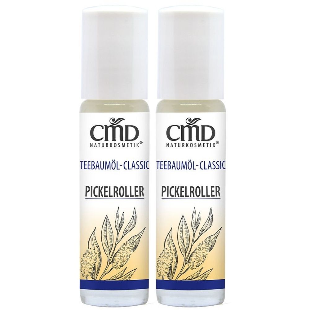 Zwei Flaschen CMD Naturkosmetik Teebaumöl Pickelroller. Weiße Kappen, transparente Flaschen mit gelblicher Flüssigkeit. Aufschrift.