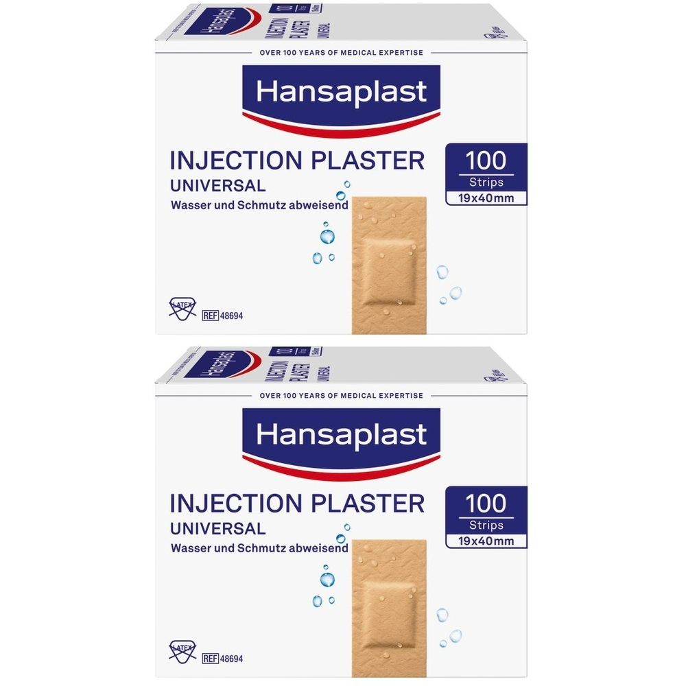 Zwei Packungen Hansaplast Injektionspflaster. Aufschrift: Universal, 100 Strips, 19x40mm. Wasser- und schmutzabweisend.
