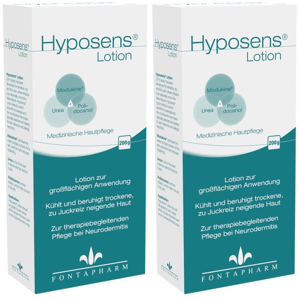 Zwei weiße Kartons mit der Aufschrift Hyposens® Lotion. Aufschrift: Medizinische Hautpflege, 200g. Text in Deutsch. Marke: Fontapharm.
