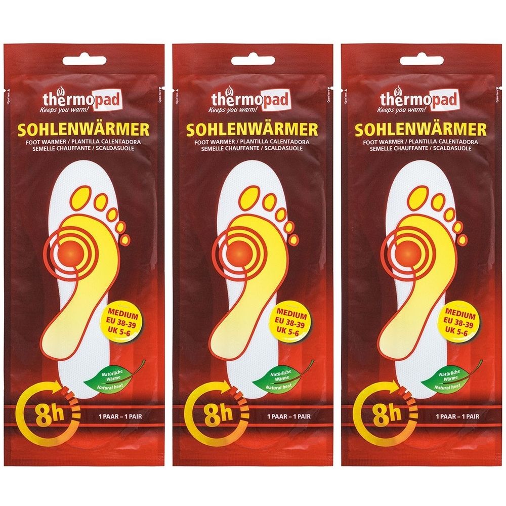 Drei Packungen Sohlenwärmer. Jede Packung zeigt eine gelbe Fußform mit roter Markierung. Text: thermopad, 8h, Medium EU 38-39, UK 5-6.
