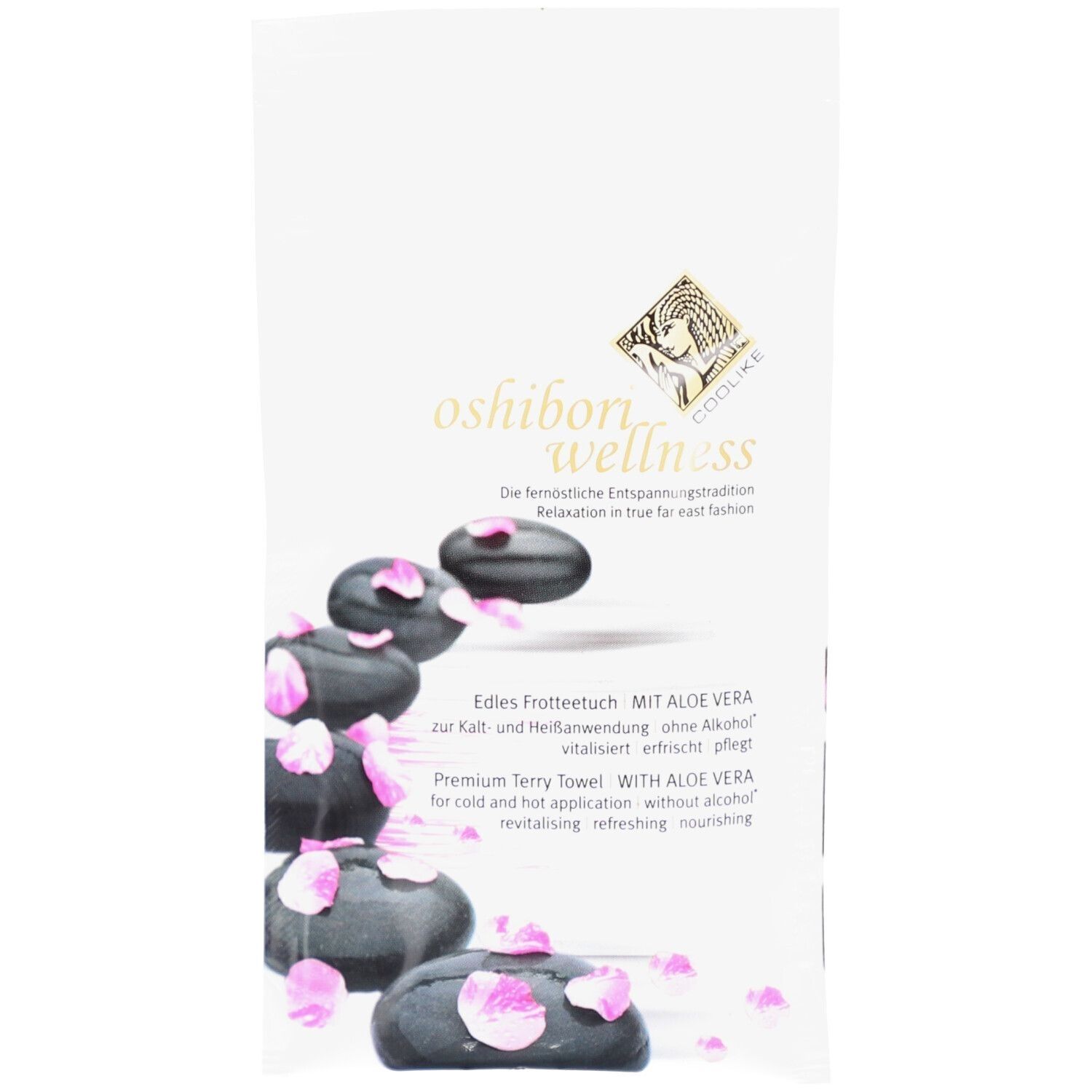 Verpackung mit Oshibori Wellness-Tuch. Text: Oshibori wellness, Edles Frotteetuch mit Aloe Vera. Illustration von Steinen und Blütenblättern.