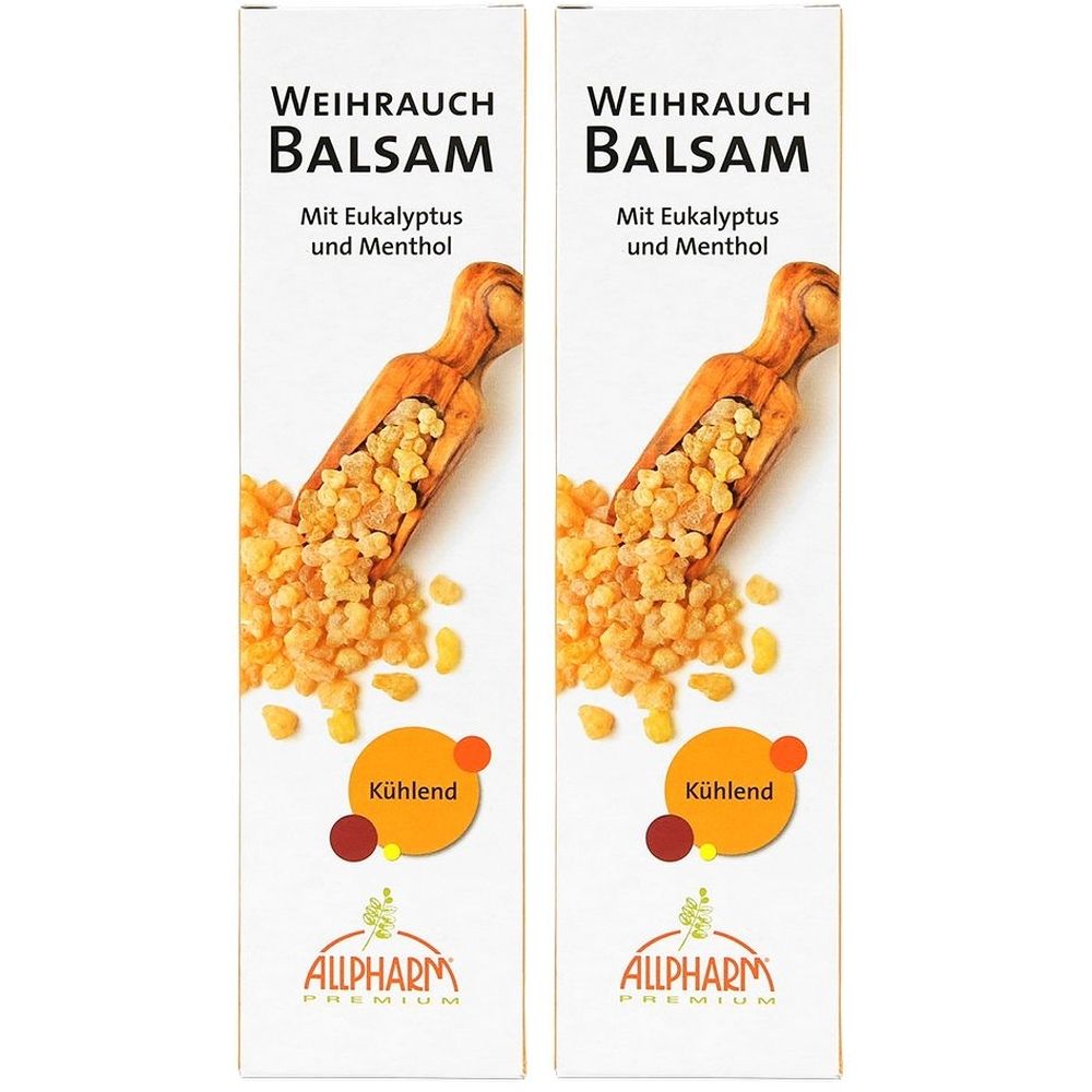 Zwei rechteckige Verpackungen. Aufschrift: WEIHRAUCH BALSAM. Illustration mit Weihrauchkörnern. Marke: ALLPHARM.