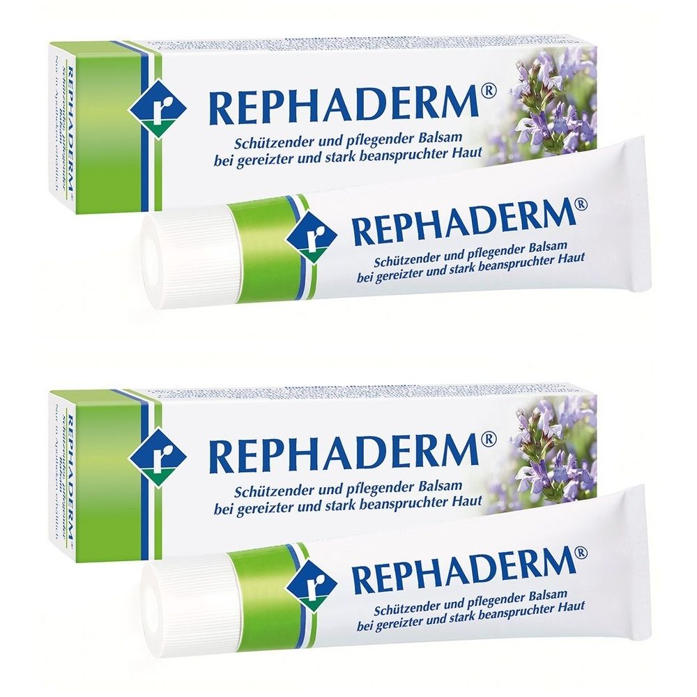 Drei Packungen und Tuben REPHADERM® Balsam. Weiße Tuben und Schachteln mit grün-blauer Beschriftung und Produktnamen.