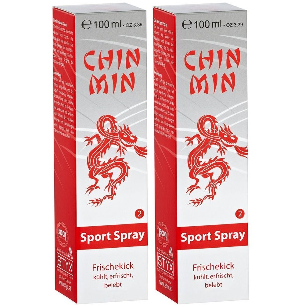 Zwei rechteckige Verpackungen. Aufschrift "CHIN MIN Sport Spray" mit rotem Drachenmotiv. Text: "Frischekick, kühlt, erfrischt, belebt".