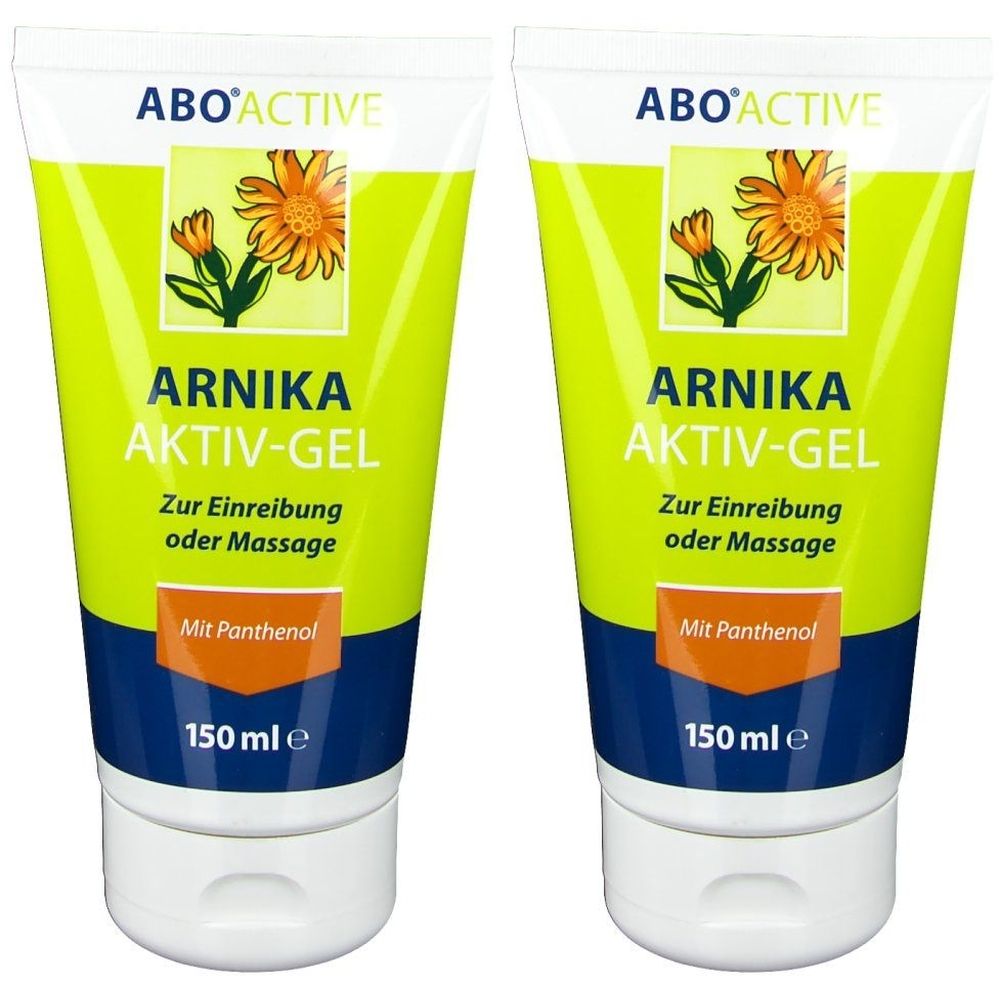 Zwei Tuben Arnika Aktiv-Gel. Grün-gelbe Verpackung mit Produktnamen und floraler Illustration. Enthält Panthenol. 150 ml.