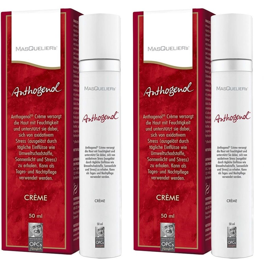 Zwei Flaschen Anthogenol Creme mit roter Verpackung. Aufschrift: Anthogenol, Creme, 50 ml. Marke: Masquelier.