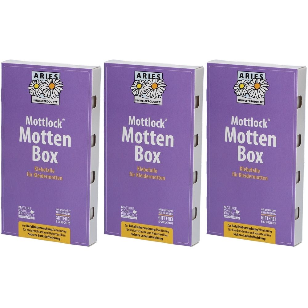 Drei Packungen ARIES® Mottlock® Motten Box. Lila Verpackung mit weißer Schrift. Aufdruck: Klebefalle für Kindermatratzen. Logo mit Blume.