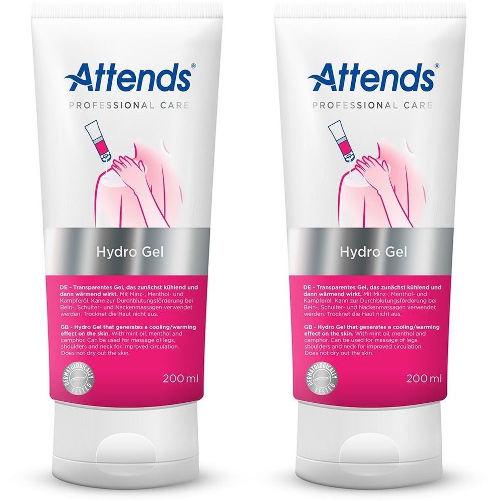 Zwei Tuben Attends Hydro Gel. Weiß, mit pinkfarbenem Streifen und Logo. Text: Hydro Gel, 200 ml.