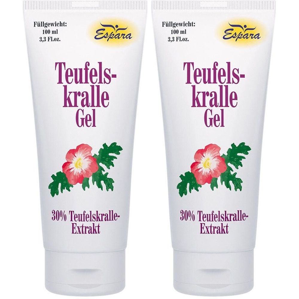 Zwei Tuben Teufelskralle Gel. Weiße Tuben mit floralem Design und Schriftzug. Enthält 30% Teufelskralle-Extrakt.