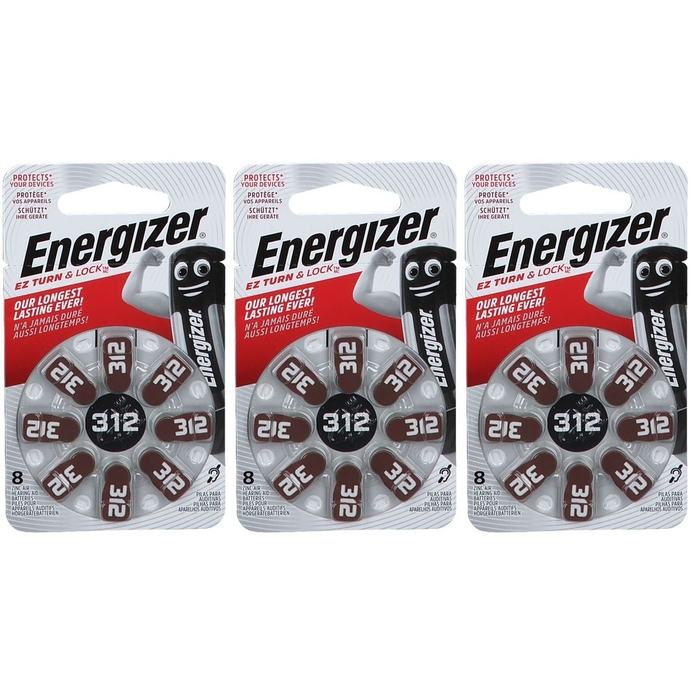 Drei Packungen Energizer Hörgerätebatterien 312. Jede Packung enthält 8 Batterien. Die Verpackung zeigt das Markenlogo und Produktbezeichnungen.