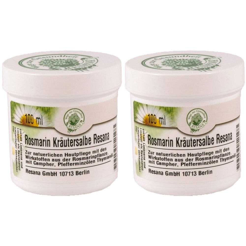 Zwei weiße Tiegel mit Aufschrift Rosmarin Kräutersalbe Resana. Aufdruck: 100 ml, Logo, Text. Hersteller: Resana GmbH.
