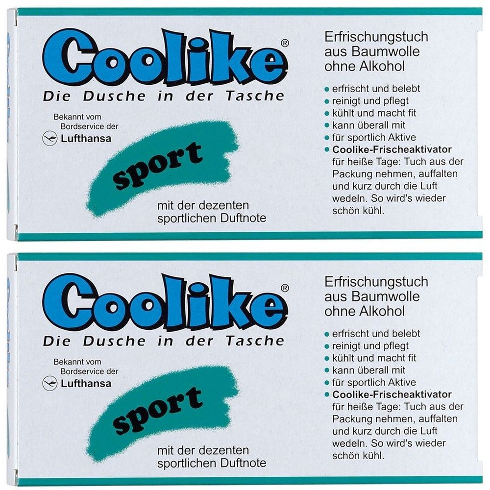 Zwei Packungen Coolike Feucht-Tücher. Aufschrift: "Die Dusche in der Tasche". Enthält Baumwolle, ohne Alkohol. Für Sportler.