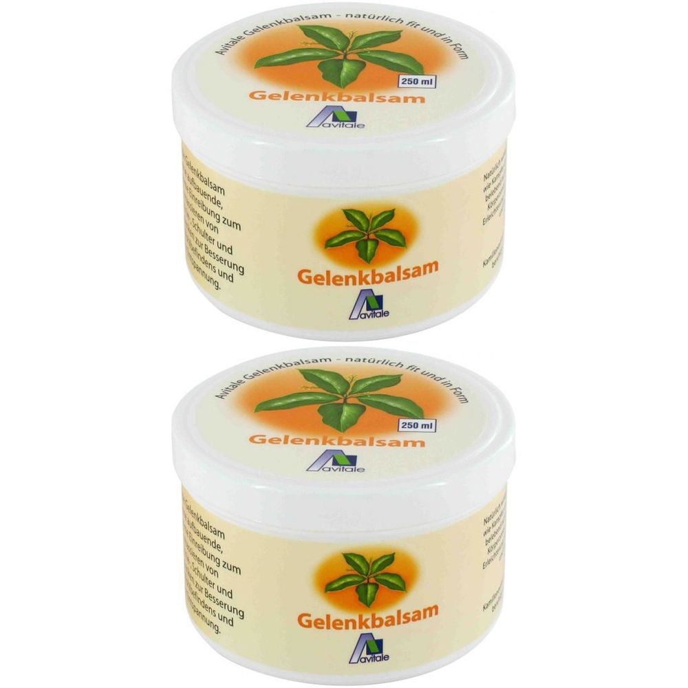 Zwei runde Tiegel mit Etikett. Aufschrift: Gelenkbalsam, Logo, 250 ml. Weißer Deckel, gelbes Etikett mit Pflanzenmotiv.