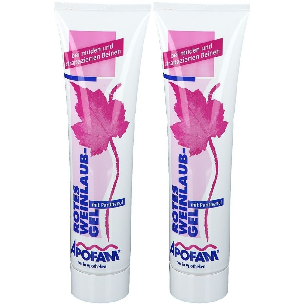 Zwei Tuben Rotes Weinlaub-Gel. Weiße Tuben mit rotem Weinblatt-Motiv und Text: Rotes Weinlaub-Gel, mit Panthenol, APOFAM.