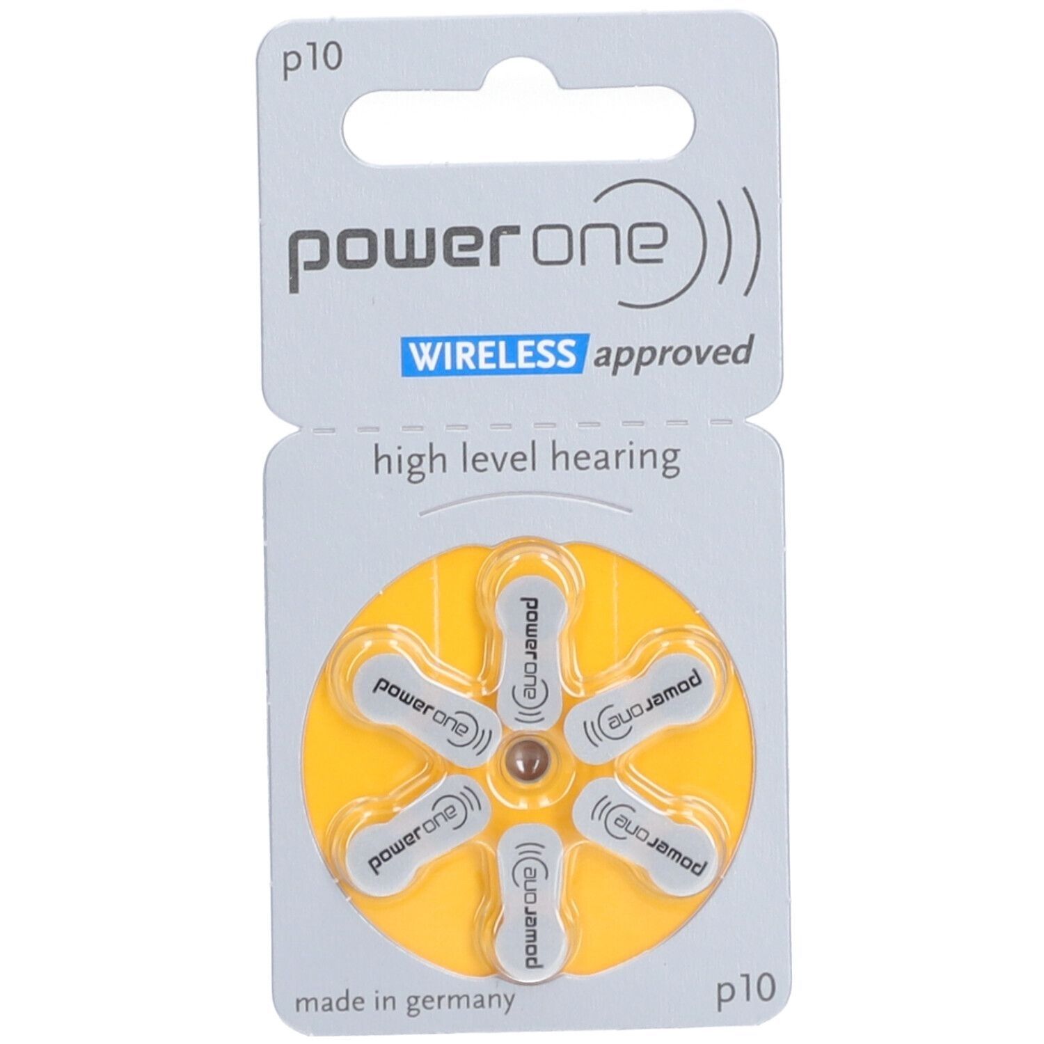 Verpackung mit Hörgerätebatterien. Sechs Batterien in gelber Halterung. Marke: power one. Aufschrift: Wireless approved.