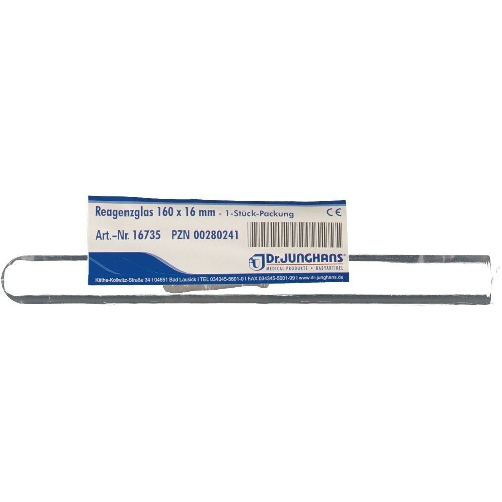 Reagenzglas 160 x 16 mm mit Etikett. Aufschrift: Dr. Junghans, Art.-Nr. 16735, PZN 00280241. CE-Kennzeichnung.
