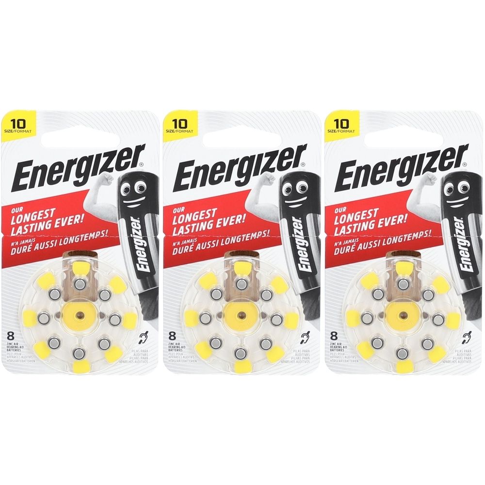 Drei Packungen Batterien. Jede Packung enthält 8 Batterien. Auf jeder Packung steht "Energizer" und "10".
